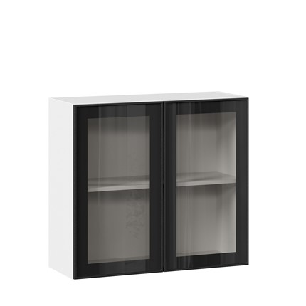 Навесной шкаф со стеклом 800 Индиго ЛД 298.360.000.023, Белый/Чёрный в Челябинске - изображение