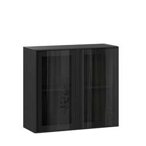 Навесной кухонный шкаф со стеклом 800 Индиго ЛД 298.360.000.149, Чёрный/Чёрный в Челябинске - предосмотр