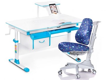 Комплект растущая парта + стул Mealux Mealux EVO Evo-40 BL (арт. Evo-40 BL + Y-528 F) / (стол+полка+кресло) / белая столешница / цвет пластика голубой в Миассе