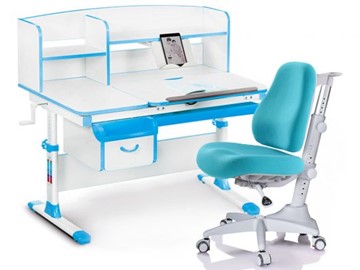 Комплект растущая парта + стул Mealux-EVO Evo-50 BL (арт. Evo-50 BL + Y-528 KBL) / (стол+полка+кресло) / белая столешница / цвет пластика голубой в Миассе