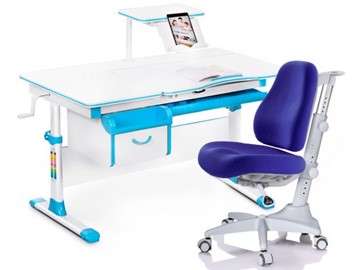 Комплект растущая парта + стул Mealux EVO Evo-40 BL (арт. Evo-40 BL + Y-528 SB) / (стол+полка+кресло) / белая столешница / цвет пластика голубой в Миассе