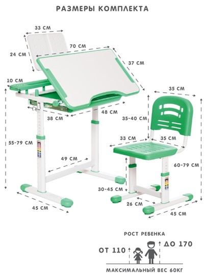 Растущая парта и растущий стул SET HOLTO-17А, зеленый в Миассе - изображение 11